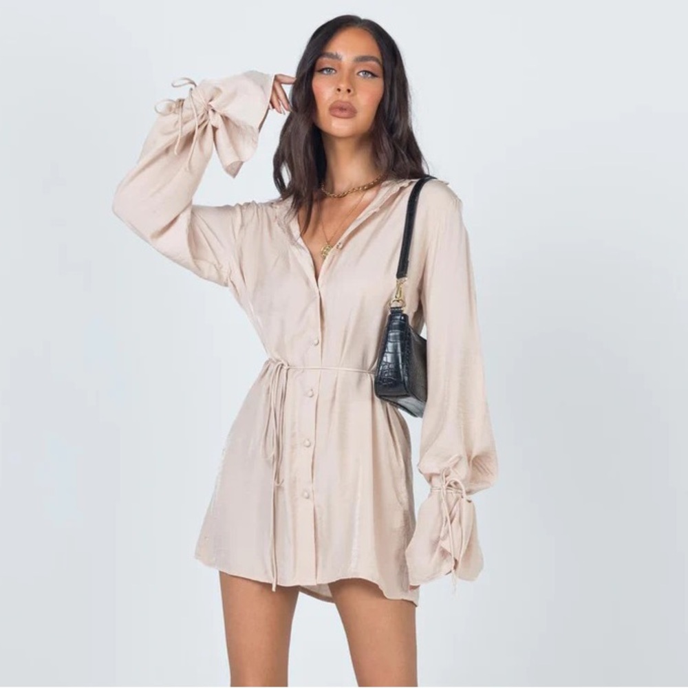 Princess Polly beige satin long sleeve mini dress - Forbidden Mini Dress